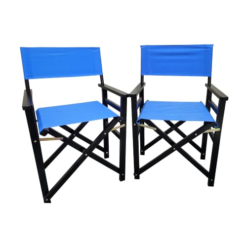 Set of 2 Folding Director Chairs, Solid Wood Canvas Fabric Camping Lawn Chairs, Blue Y83206