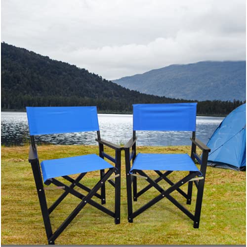 Set of 2 Folding Director Chairs, Solid Wood Canvas Fabric Camping Lawn Chairs, Blue Y83206