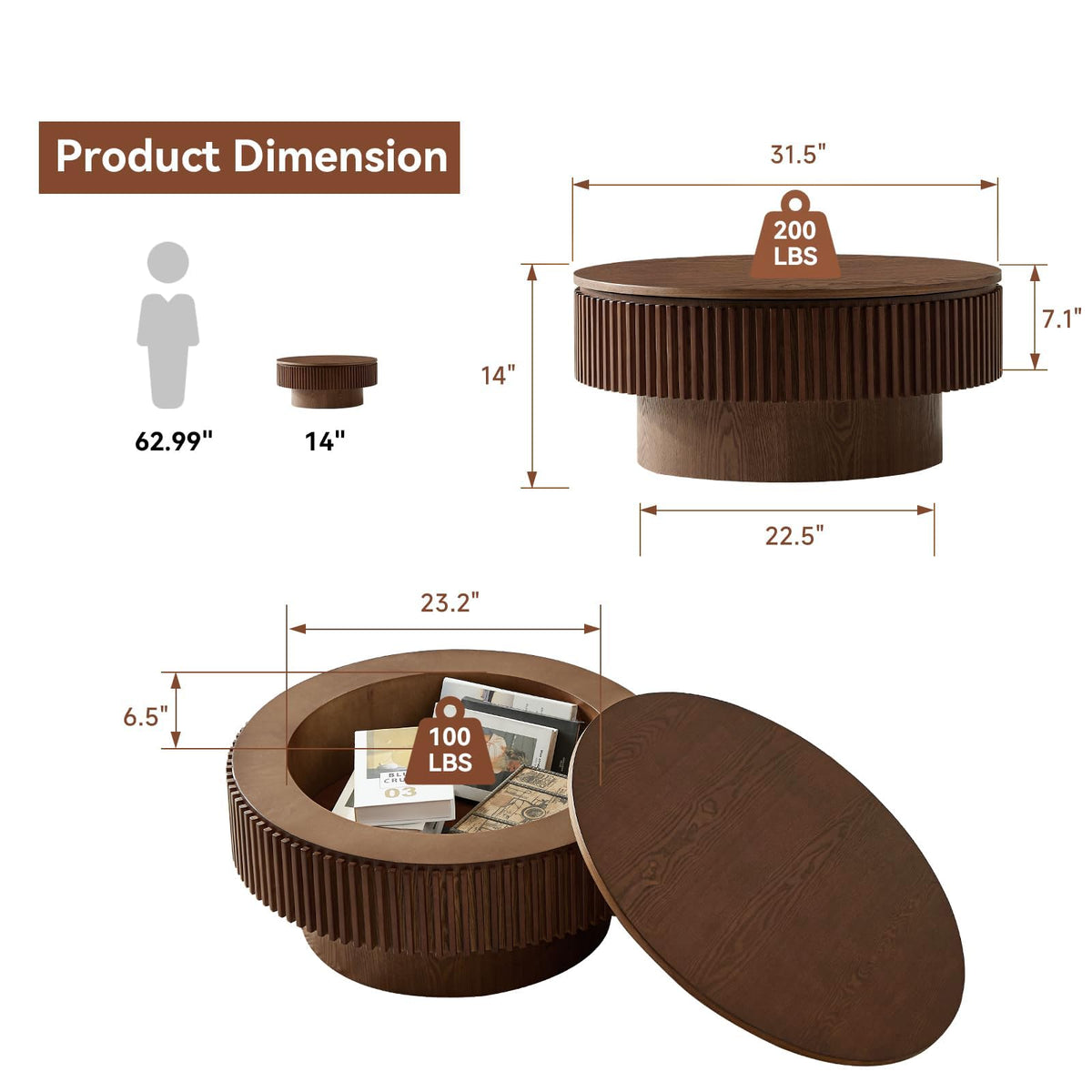 Walnut Round Fluted Coffee Table with Storage I5082