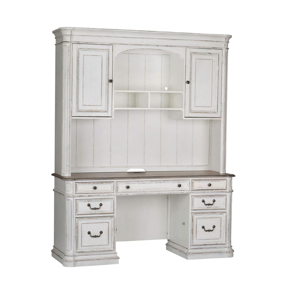 Antique White Credenza Desk & Hutch T63346
