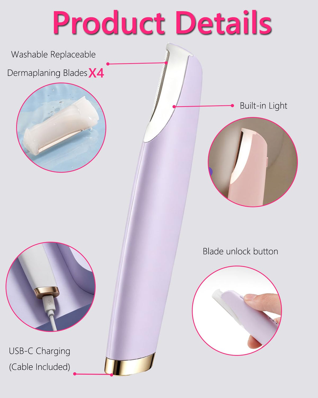 Sonic Facial Hair Remover with LED Light, 4 Replacement Blades W95176