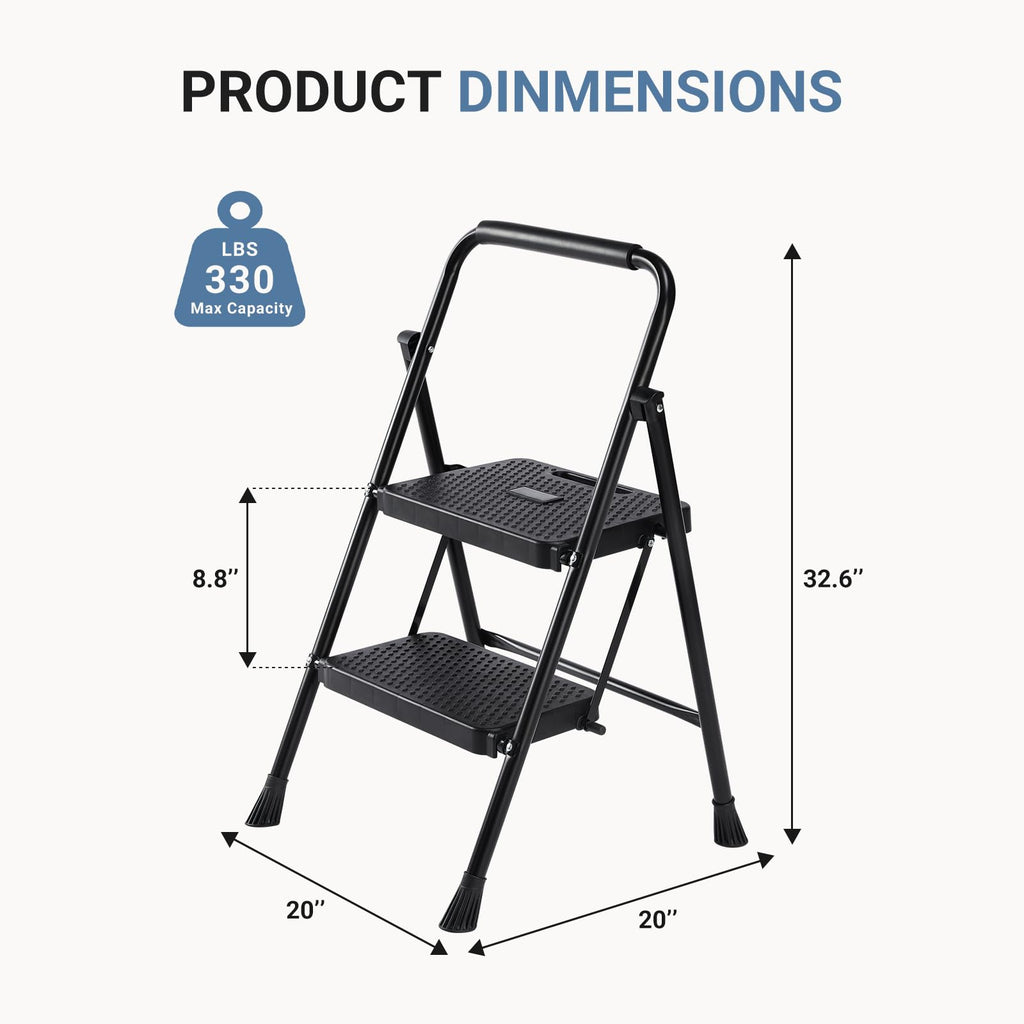 2 Step Stool with Anti-Slip Pedal & Handrail, 330lbs, Black C7365
