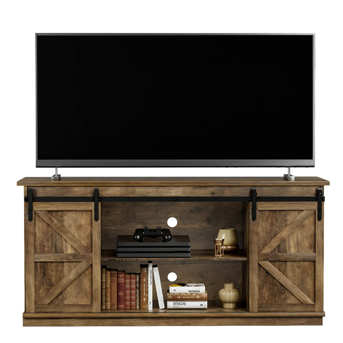 Farmhouse TV Stand for 65 Inch TV with Sliding Barn Doors and Storage Cabinets U438