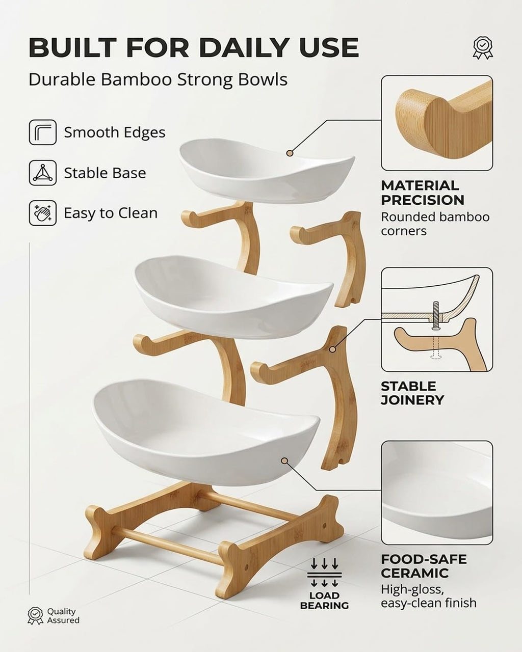 3 Tier Oval Fruit Basket with Bamboo Stand S179783