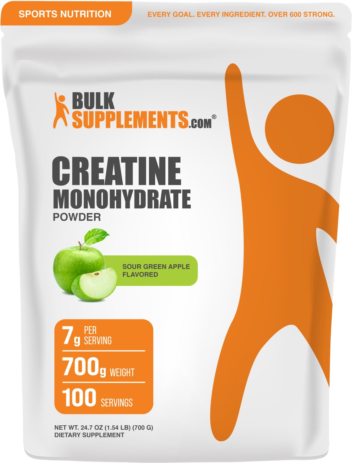 Micronized Creatine Monohydrate Powder, Sour Green Apple, 700g D982
