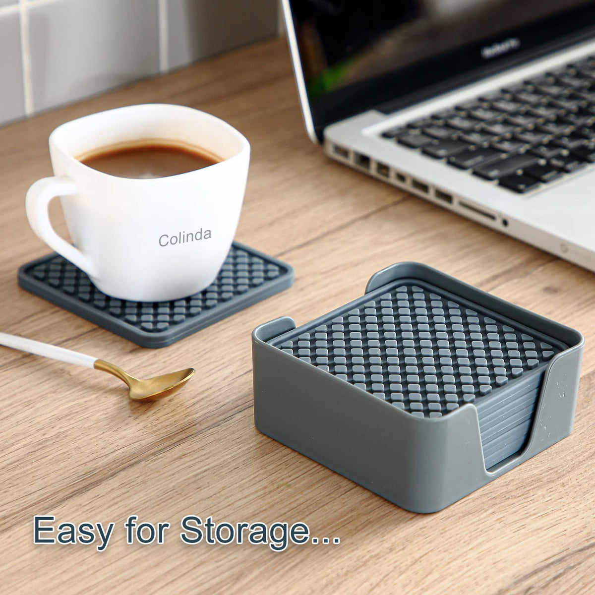 Silicone Drink Coasters with Holder, Set of 6, Black B79482