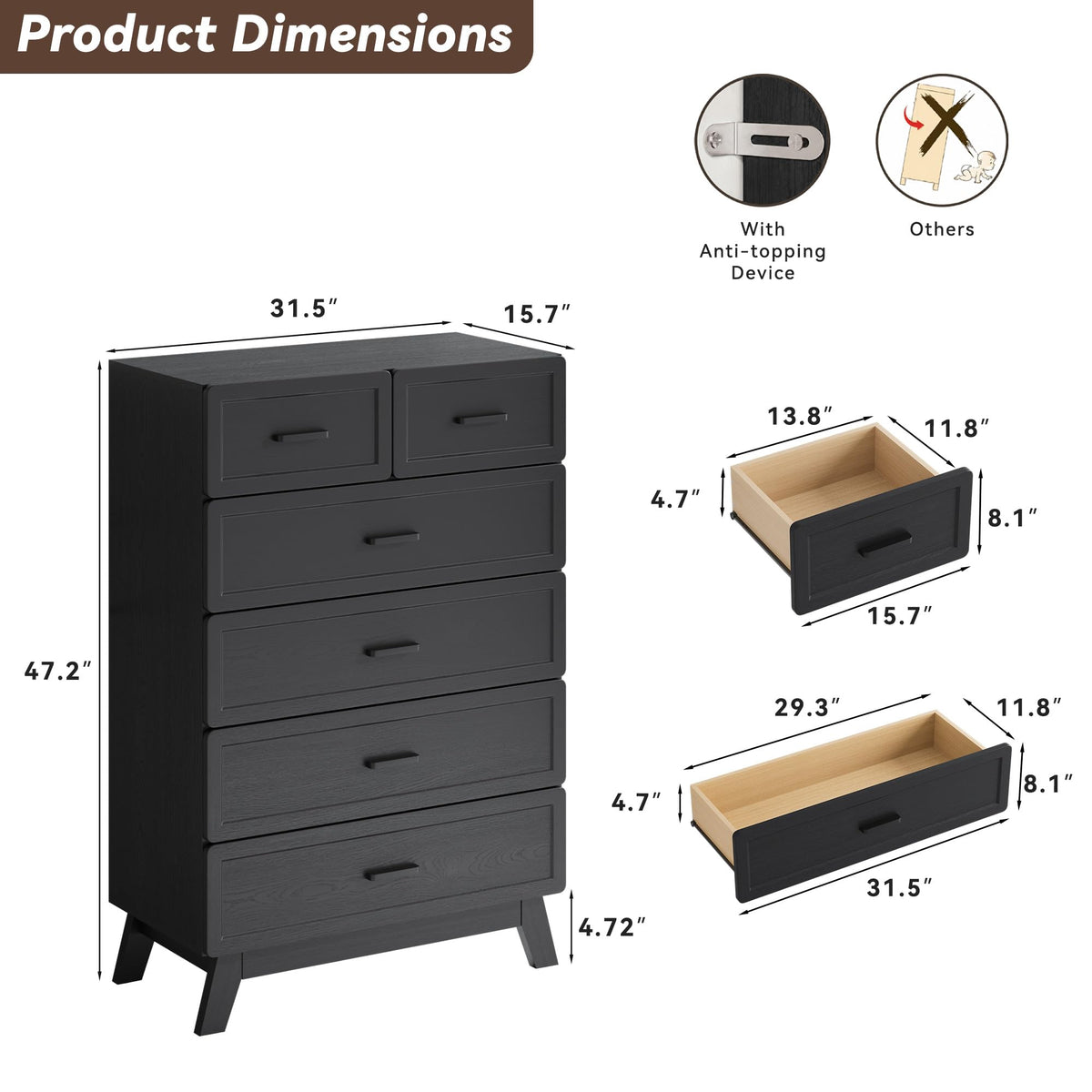 Black 6 Drawer Dresser Q41256