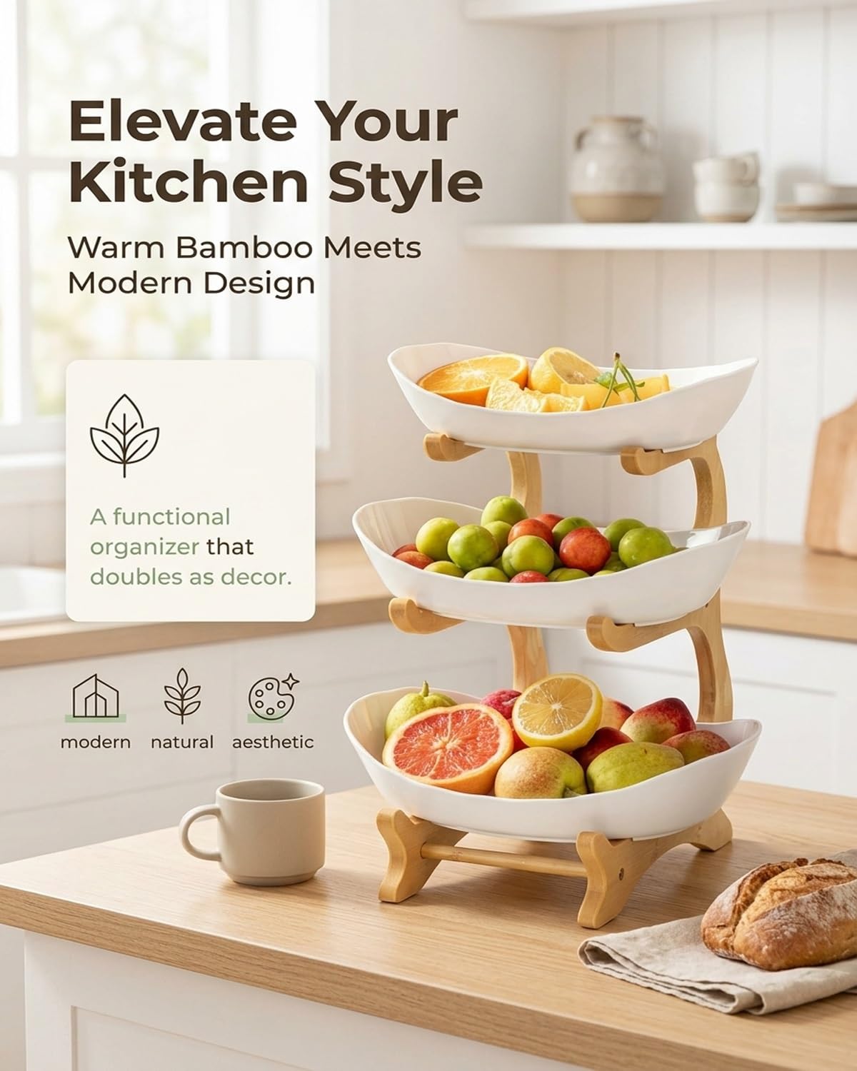 3 Tier Oval Fruit Basket with Bamboo Stand S179783