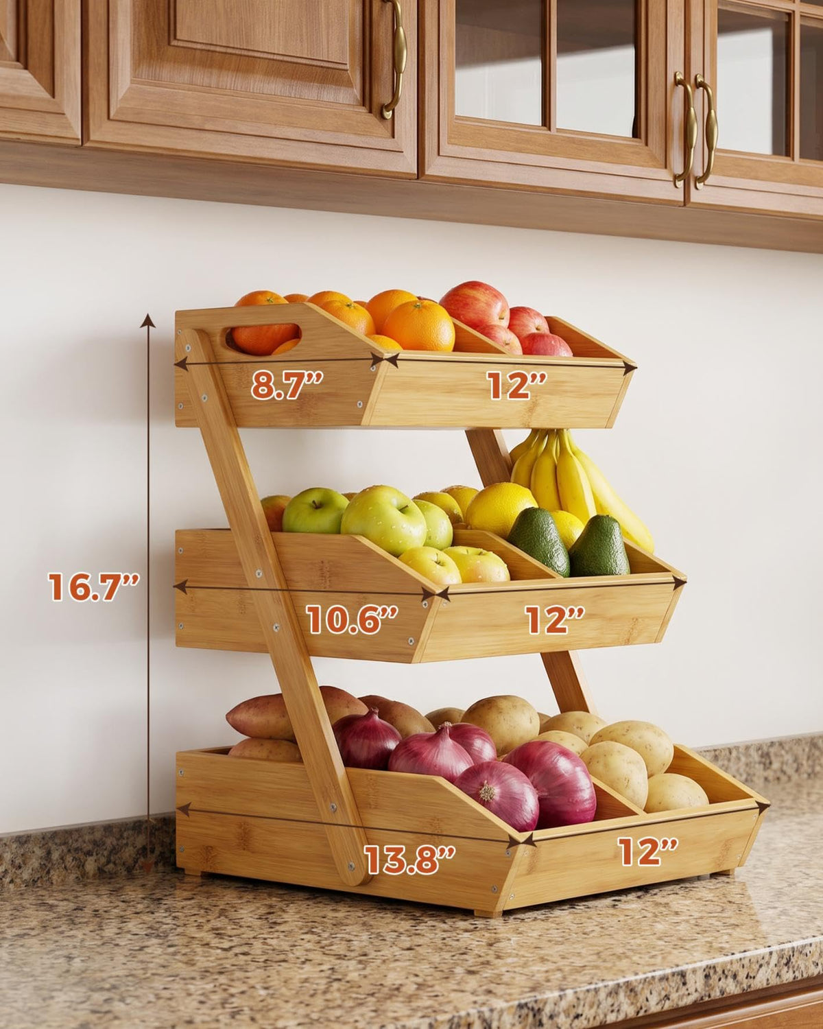 3-Tier Bamboo Fruit Basket with 2 Banana Holders X1176