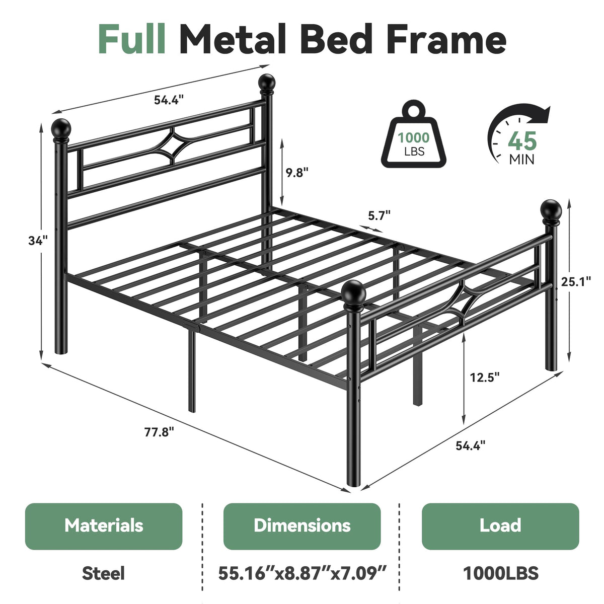 Black Full Metal Platform Bed Frame with Headboard and Footboard S3661