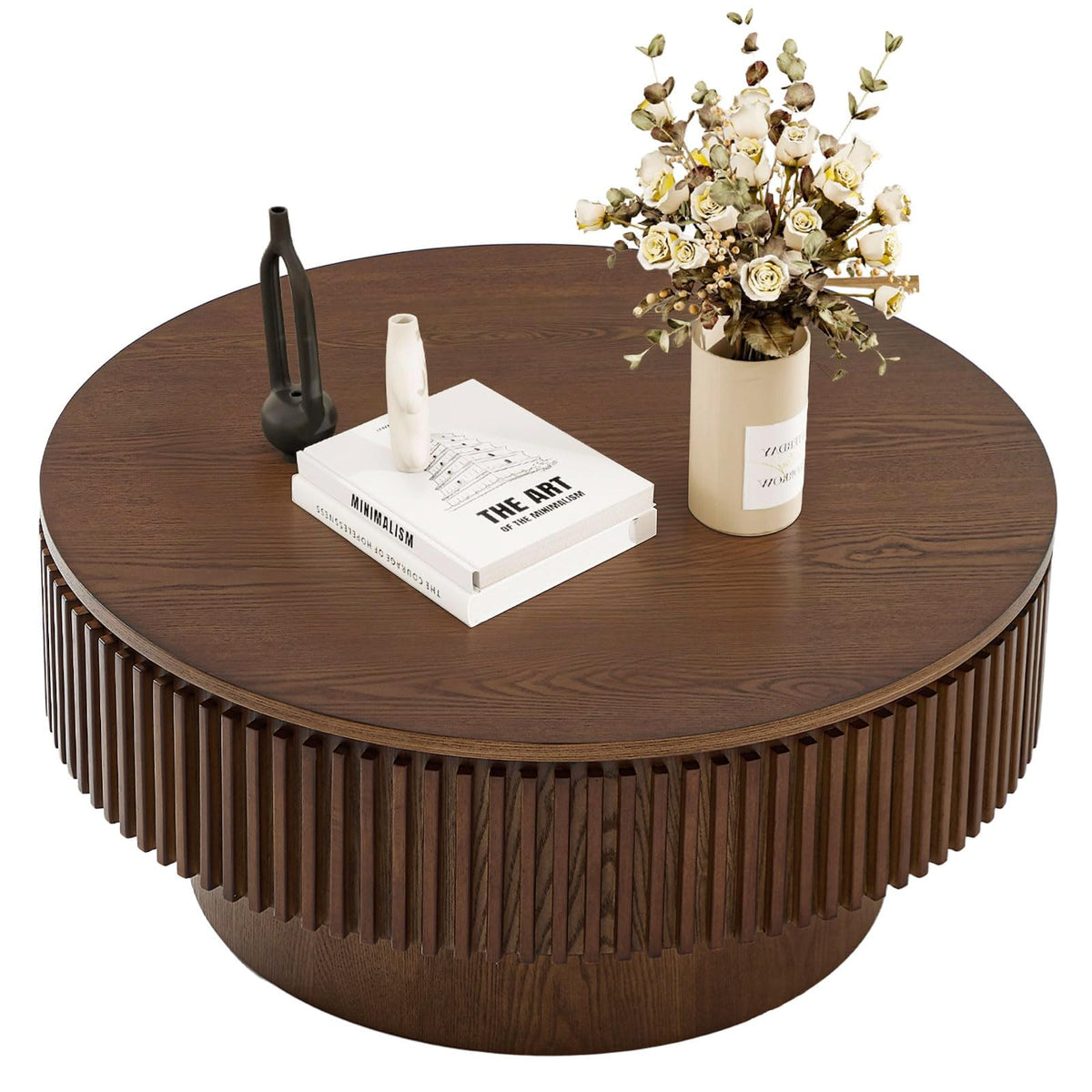 Walnut Round Fluted Coffee Table with Storage I5082