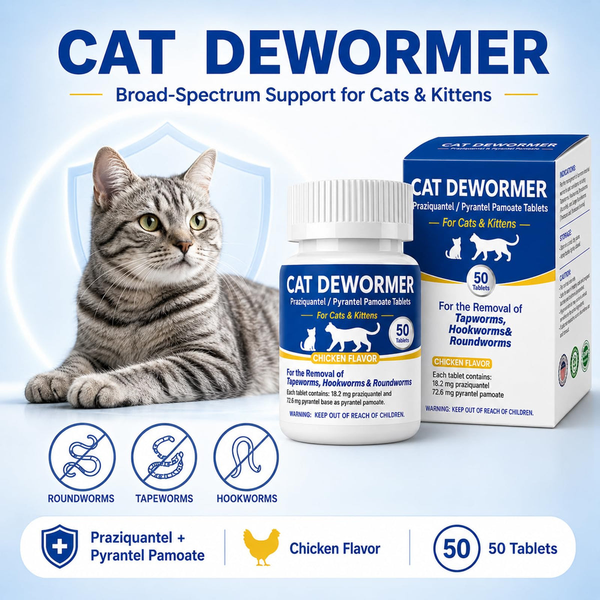 Cat Dewormer Tablets for Tapeworms, Roundworms and Hookworms R958874