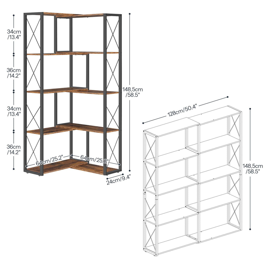 5-Tier Rustic Brown and Black Corner Bookshelf E773597