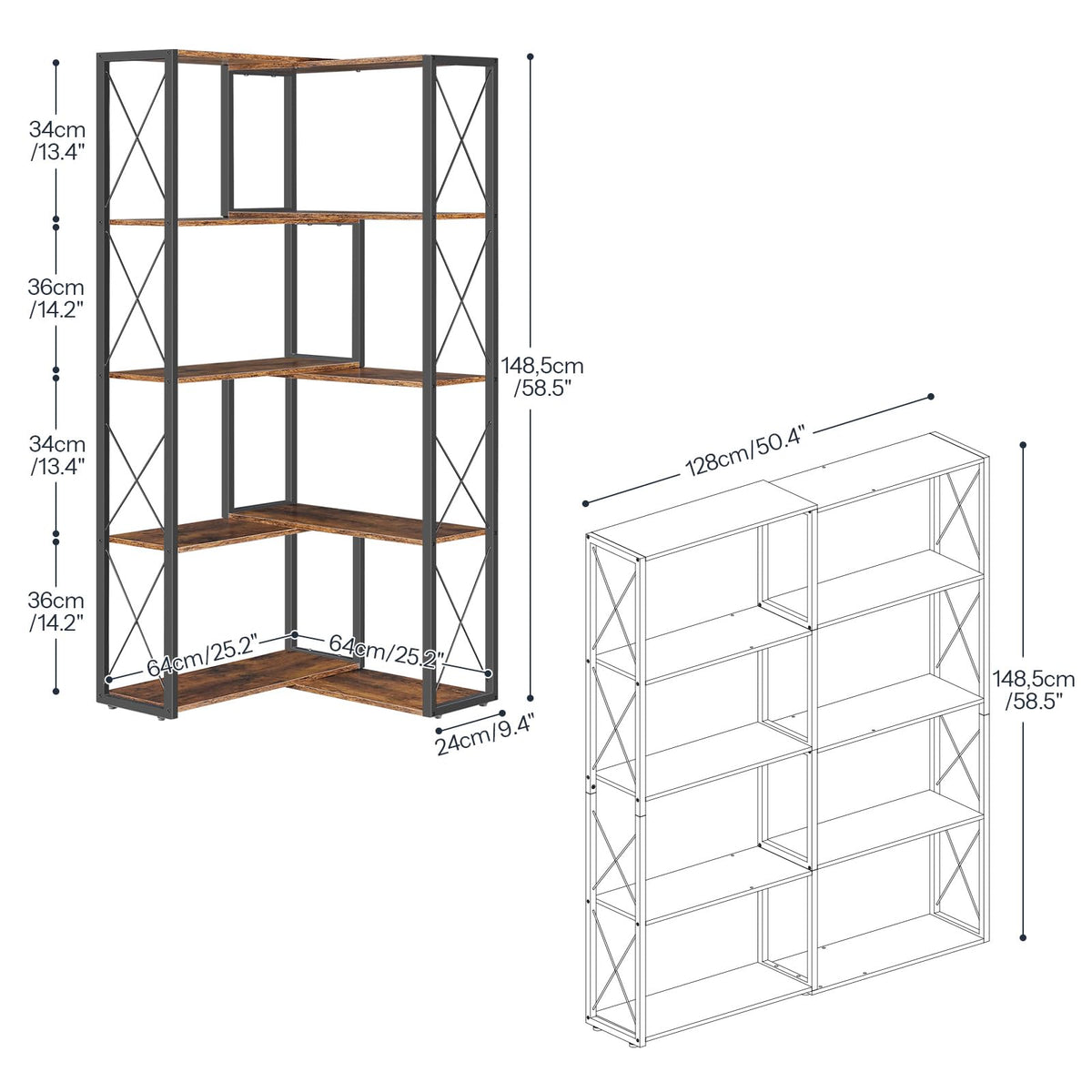 5-Tier Rustic Brown and Black Corner Bookshelf E773597