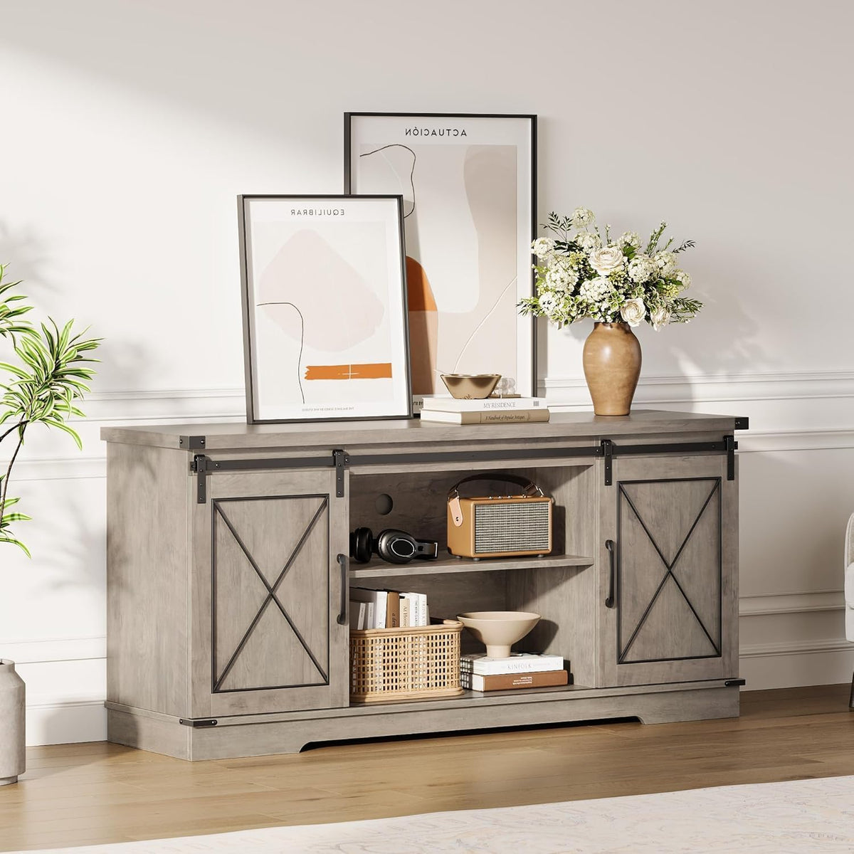 Farmhouse TV Stand with Sliding Barn Doors and Adjustable Shelf H1055