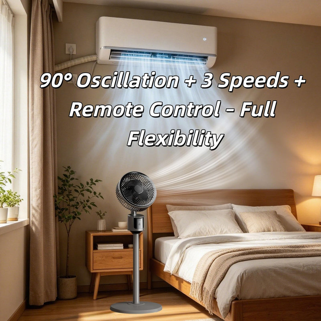 Standing Fan with Remote, 90° Oscillating, 3 Speeds, Adjustable Height, Gray B90170