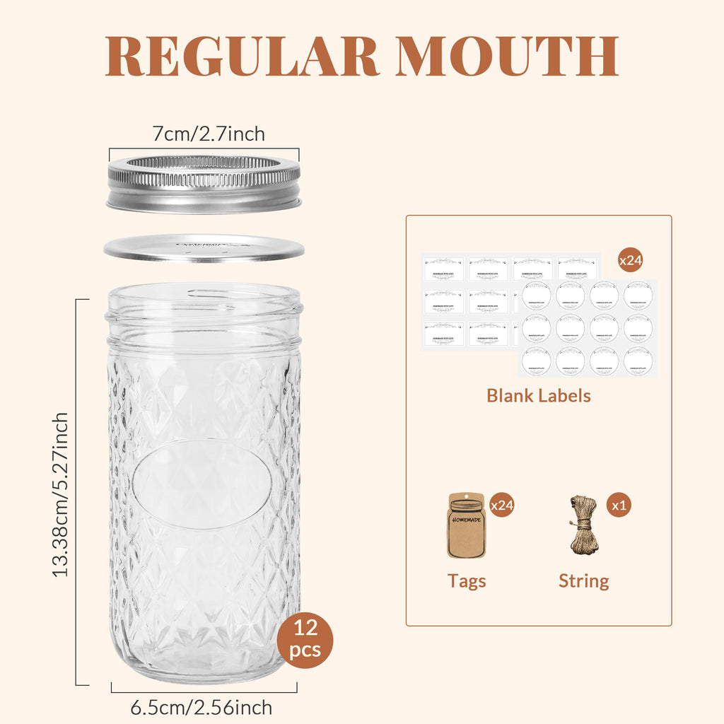 12 Pack 12oz Regular Mouth Glass Jars With Lids B181