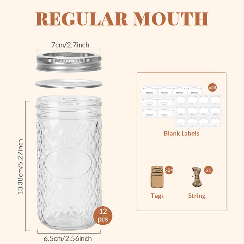 12 Pack 12oz Regular Mouth Glass Jars With Lids B181