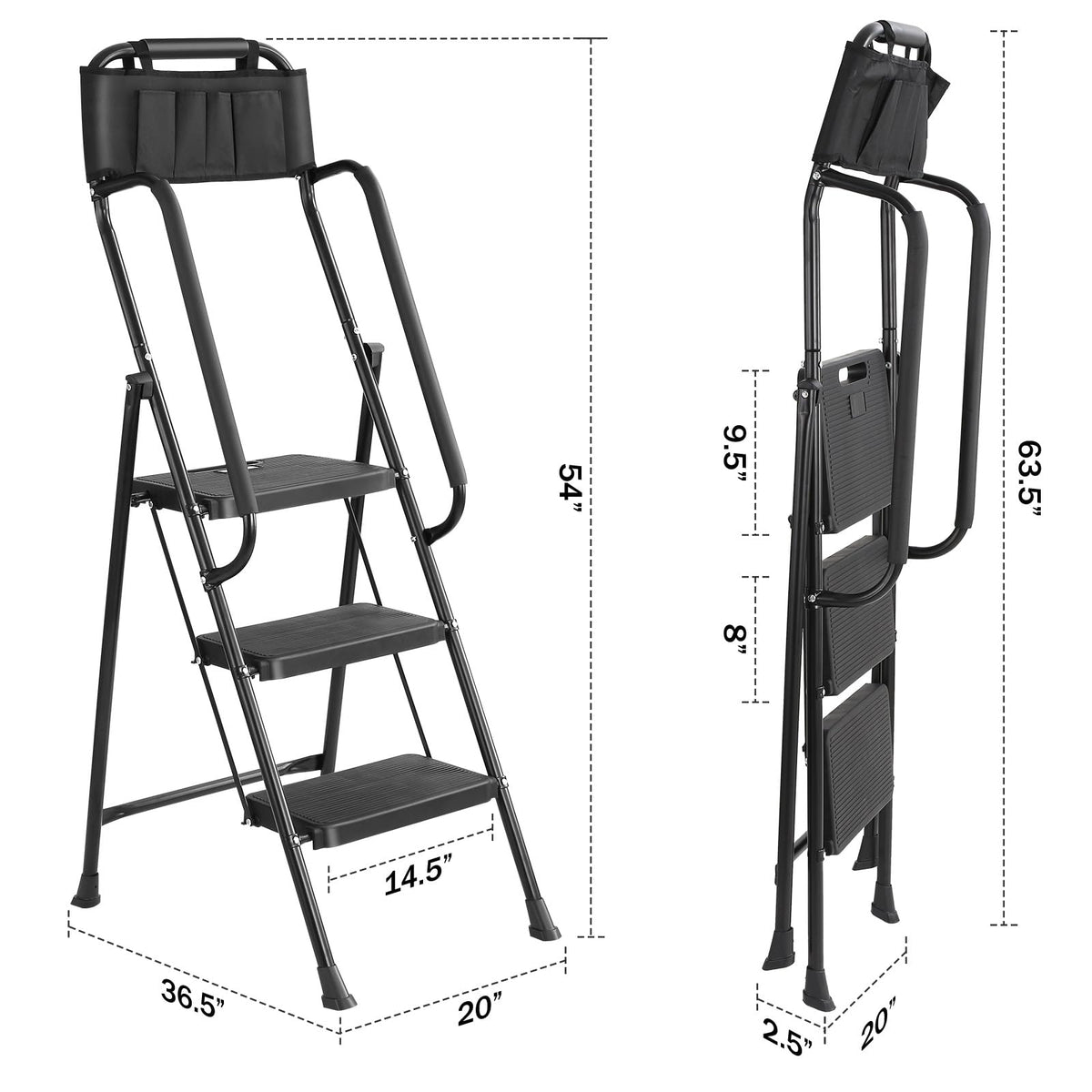 3-Step Ladder with Anti-Slip Platform, 330 lbs Capacity, Steel Frame J90052