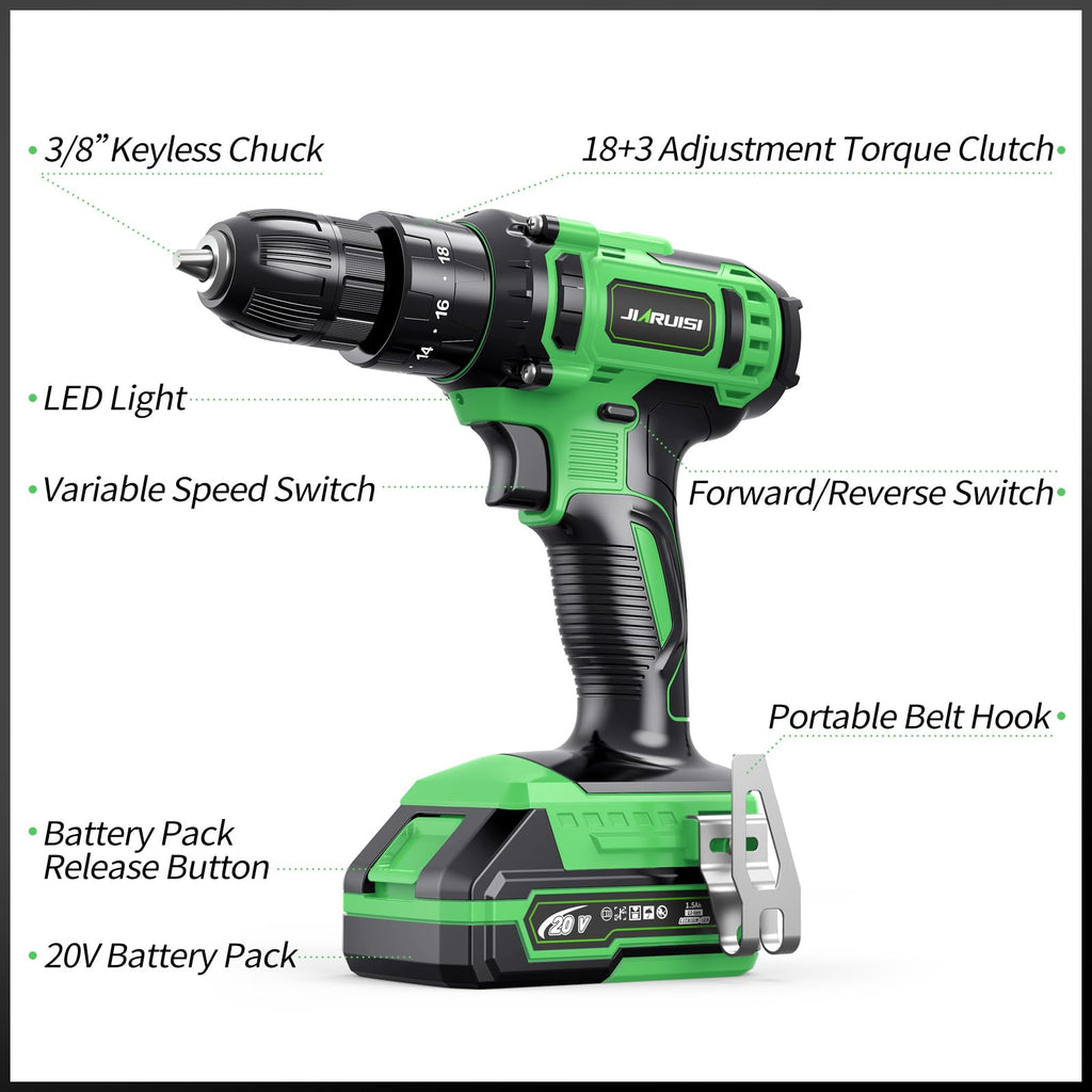 20V Cordless Drill Set with Battery Charger and Carrying Case, Green H442952
