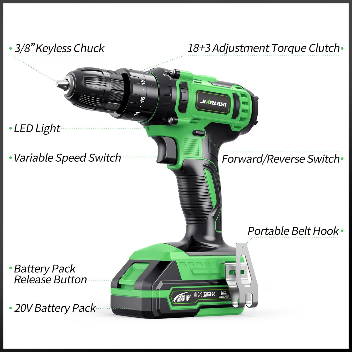 20V Cordless Drill Set with Battery Charger and Carrying Case, Green H442952
