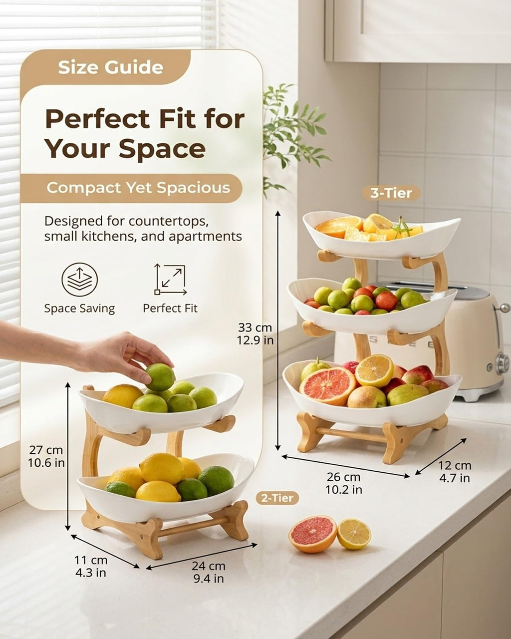 3 Tier Oval Fruit Basket with Bamboo Stand S179783