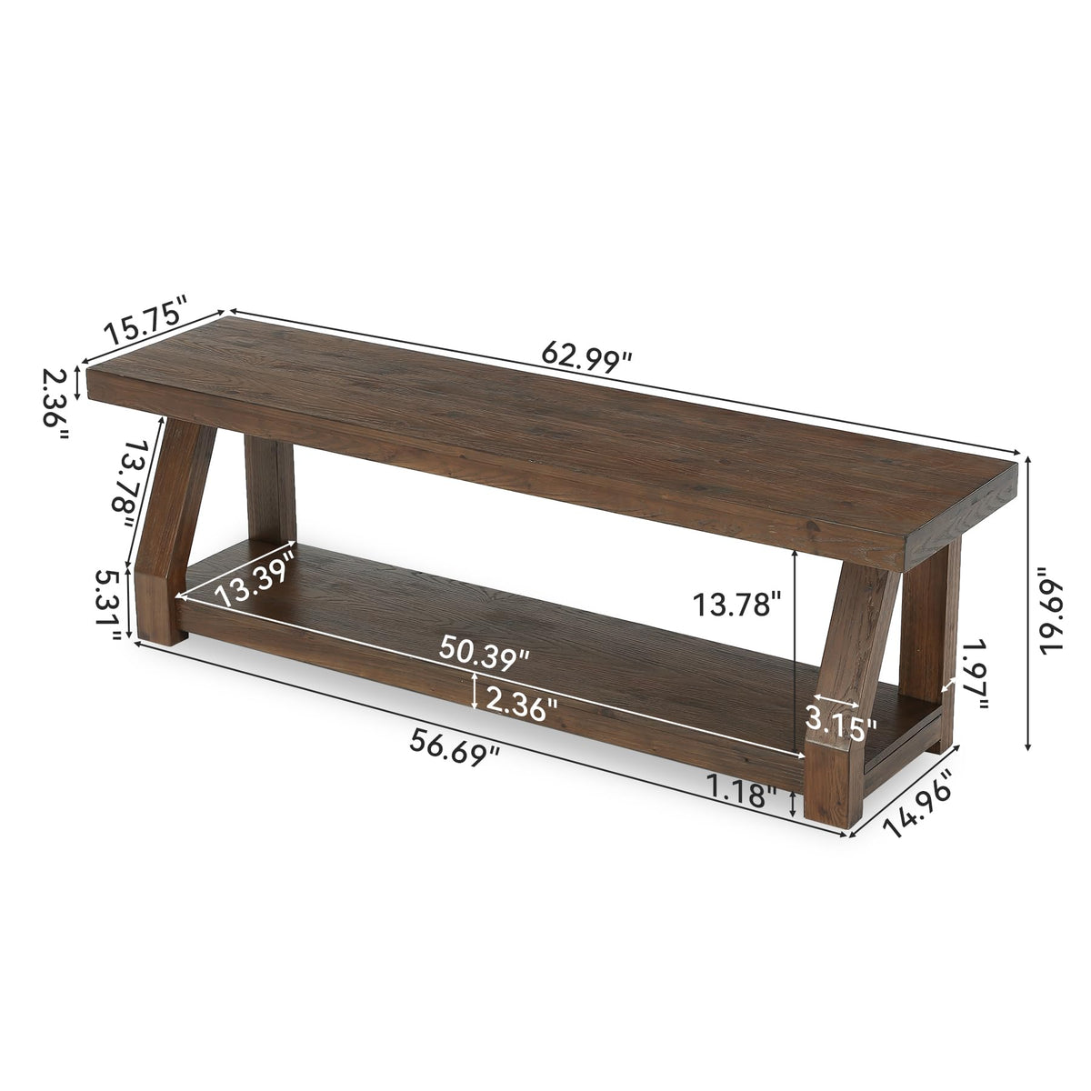 Solid Wood TV Stand, 2-Tier Media Console with Open Storage, Walnut Brown N30842