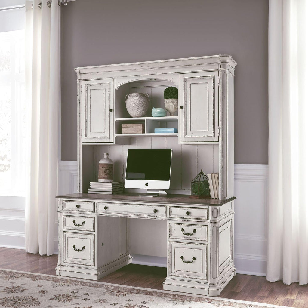 Antique White Credenza Desk & Hutch T63346