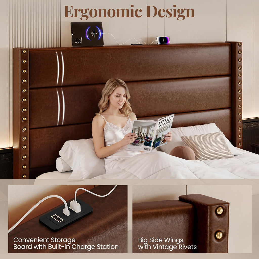 King Size Brown Faux Leather Platform Bed Frame E803500