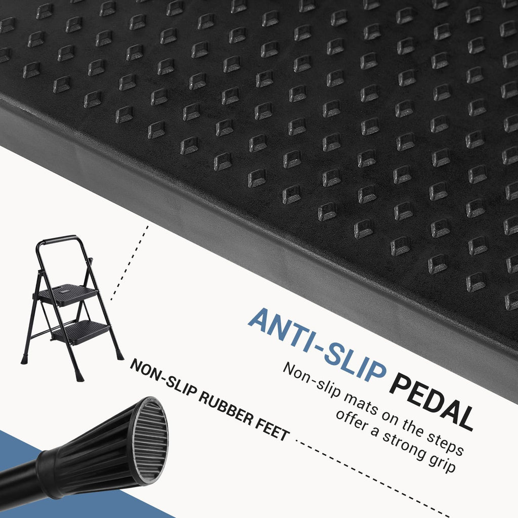 2 Step Stool with Anti-Slip Pedal & Handrail, 330lbs, Black C7365