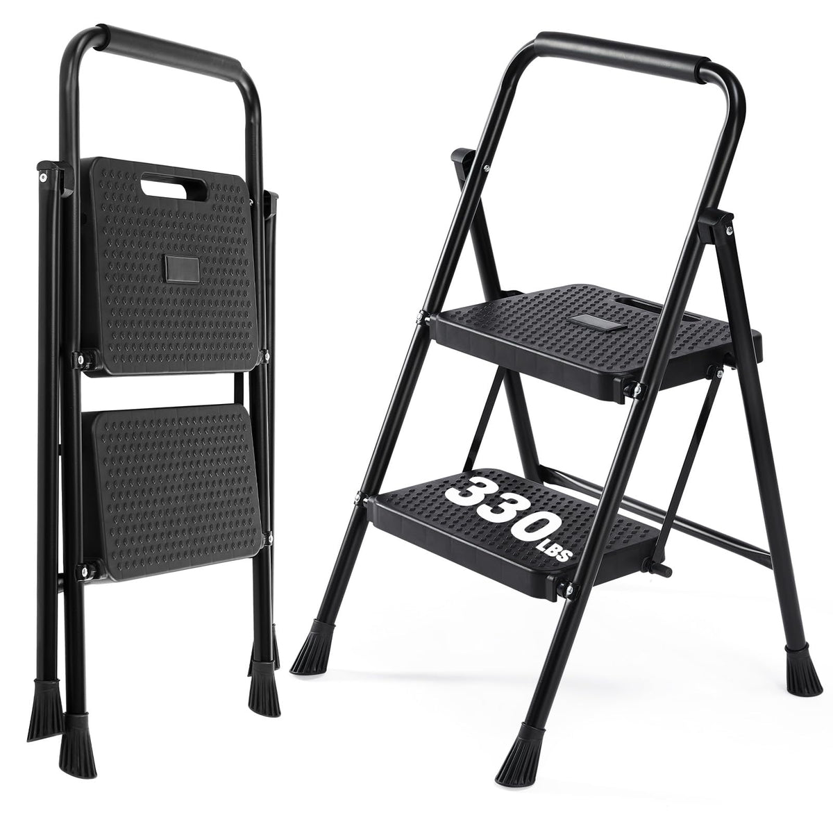2 Step Stool with Anti-Slip Pedal & Handrail, 330lbs, Black C7365