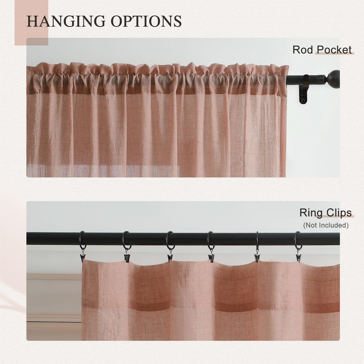 Blush Pink Sheer Cotton Linen Curtains 2 Panels P165