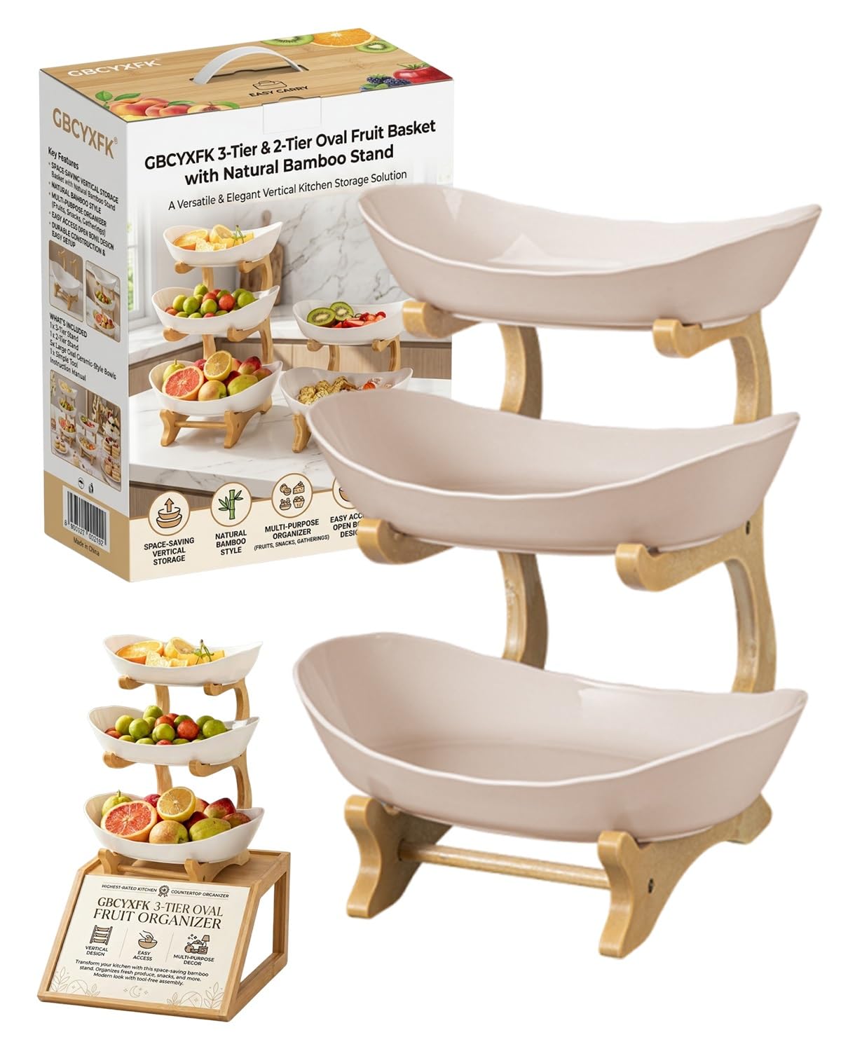 3 Tier Oval Fruit Basket with Bamboo Stand S179783