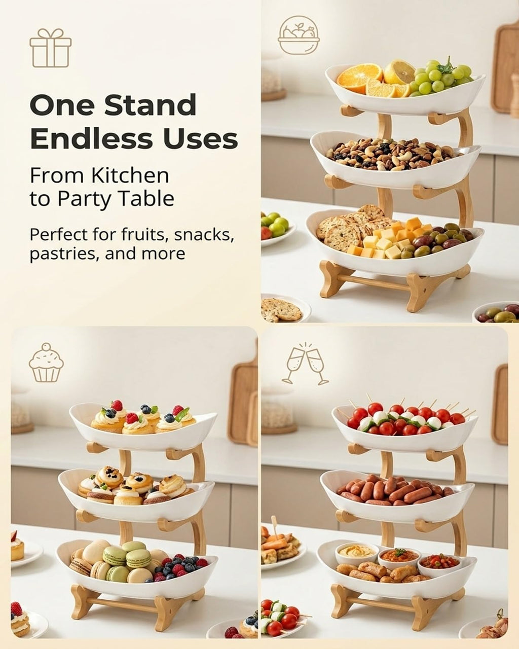 3 Tier Oval Fruit Basket with Bamboo Stand S179783