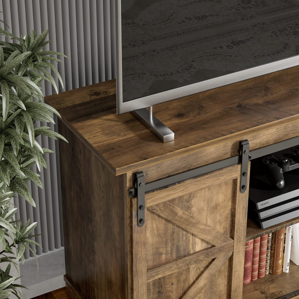 Farmhouse TV Stand for 65 Inch TV with Sliding Barn Doors and Storage Cabinets U438