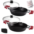Cast Iron Skillet Set 10" + 12" Dual Handle Frying Pans with Glass Lids Pre-seasoned Oven Safe Cookware Z5972