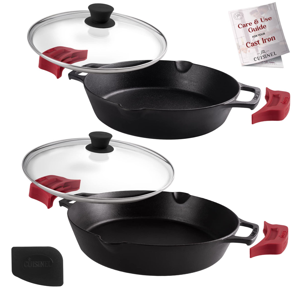 Cast Iron Skillet Set 10" + 12" Dual Handle Frying Pans with Glass Lids Pre-seasoned Oven Safe Cookware Z5972