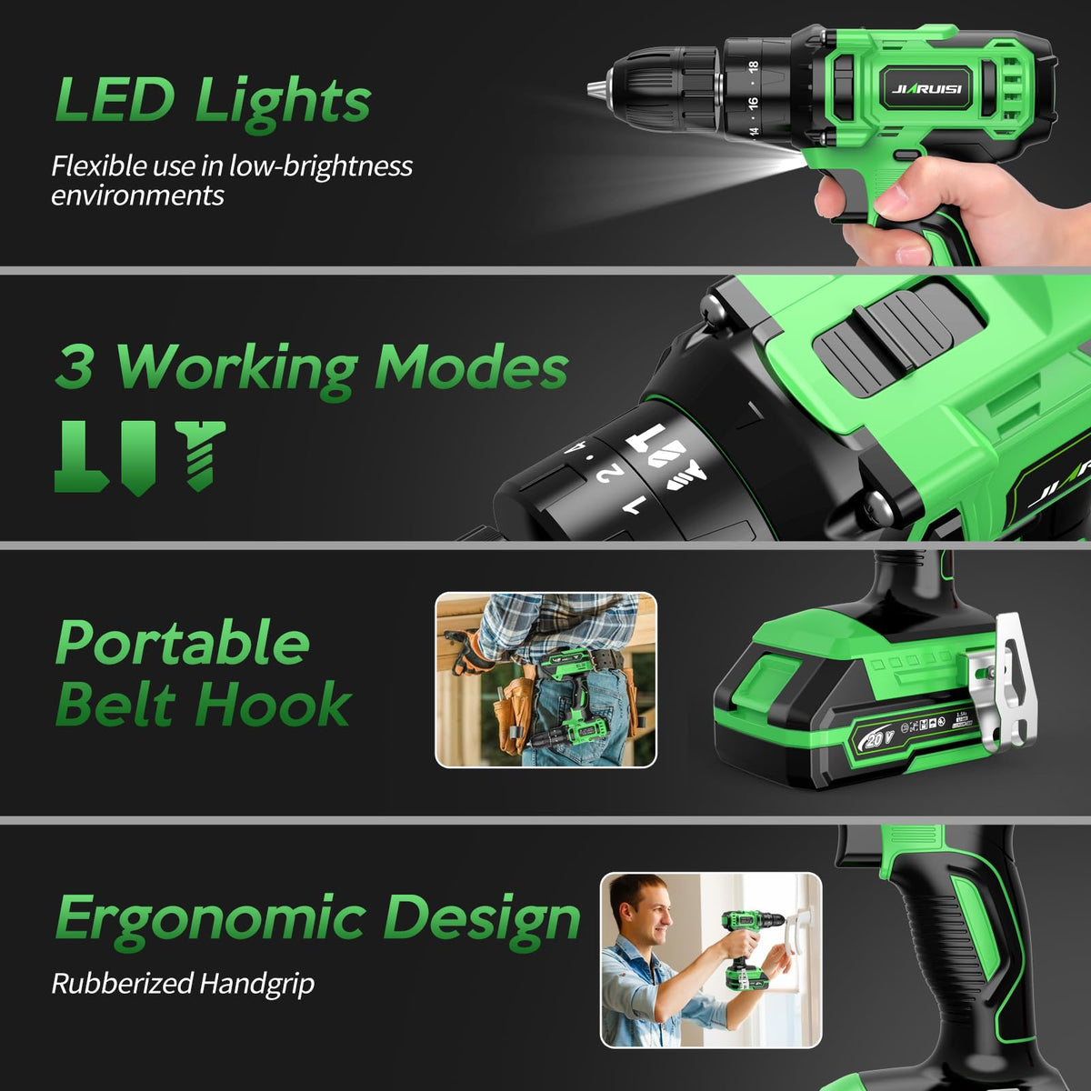 20V Cordless Drill Set with Battery Charger and Carrying Case, Green H442952