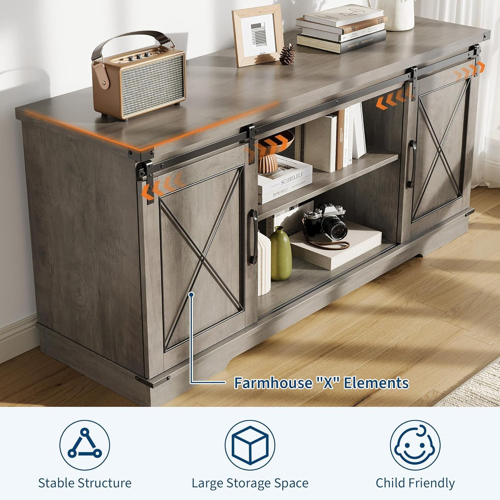 Farmhouse TV Stand with Sliding Barn Doors and Adjustable Shelf H1055
