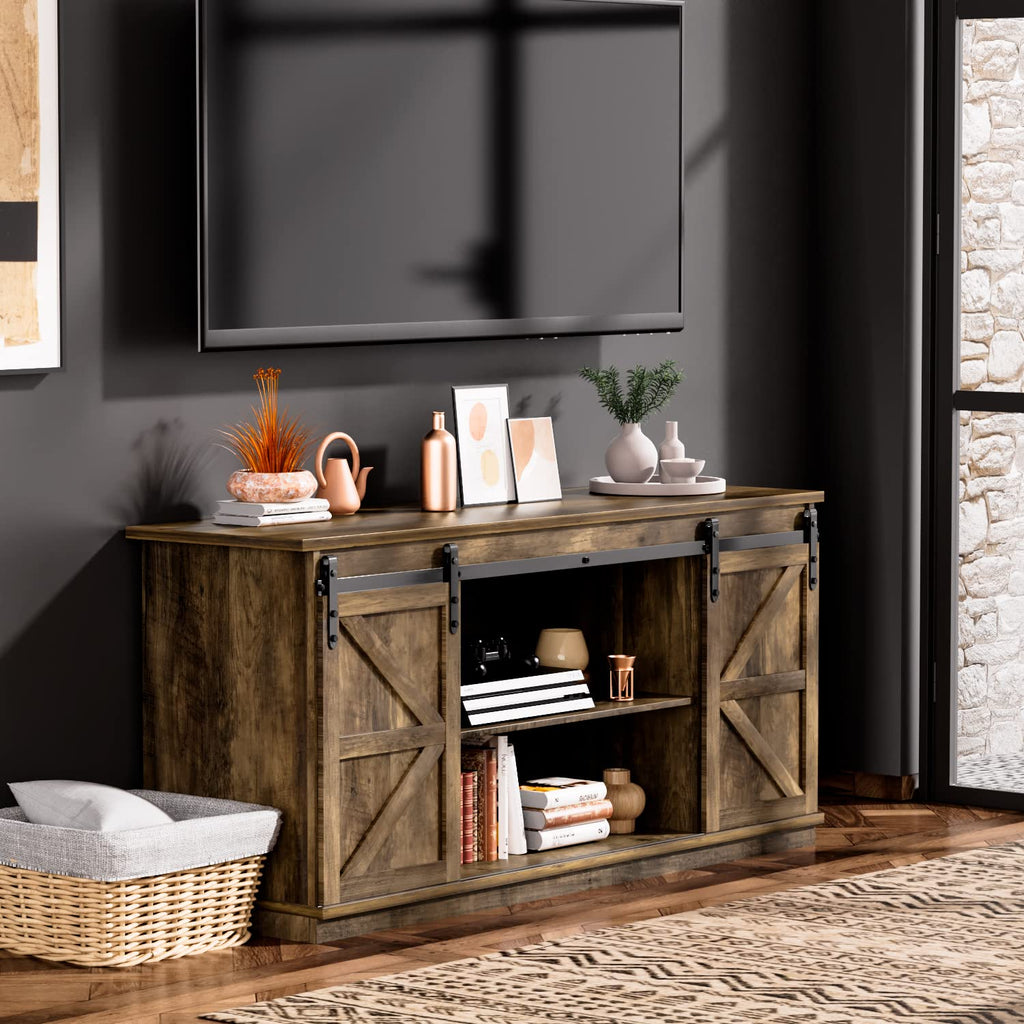 Farmhouse TV Stand for 65 Inch TV with Sliding Barn Doors and Storage Cabinets U438