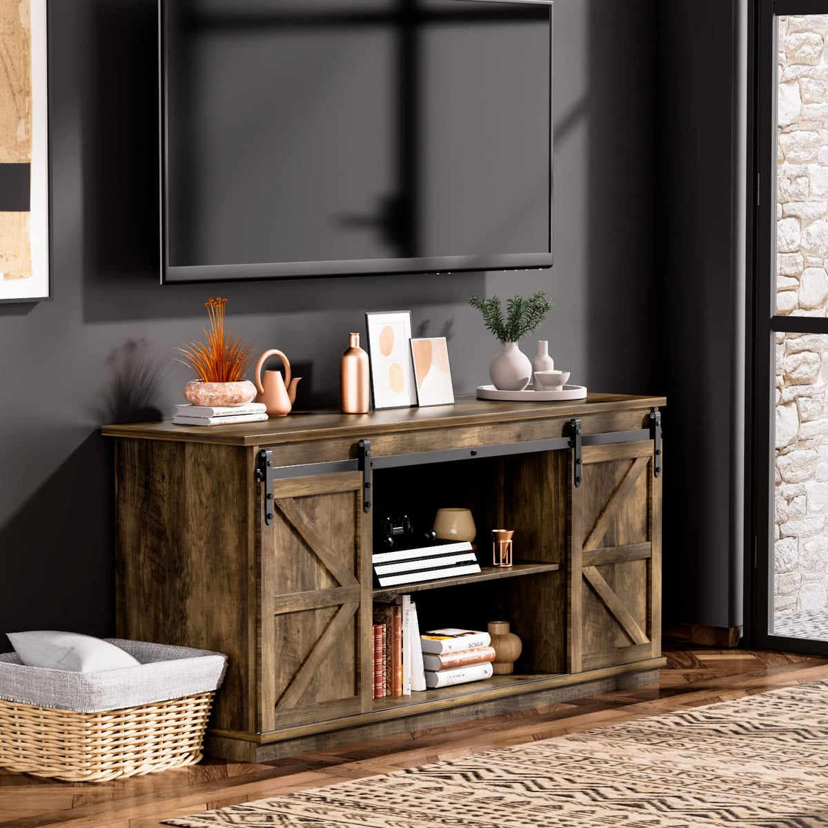 Farmhouse TV Stand for 65 Inch TV with Sliding Barn Doors and Storage Cabinets U438