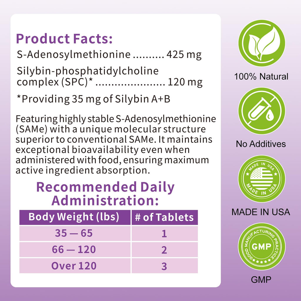 Large Dog Liver Support with 425 mg S-Adenosylmethionine & Silybin A+B, 30 Tablets Q58037