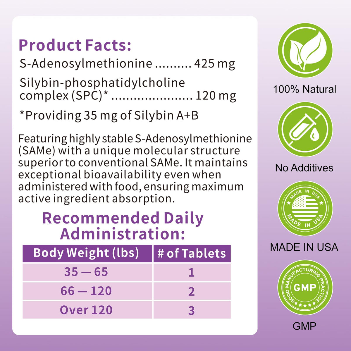 Large Dog Liver Support with 425 mg S-Adenosylmethionine & Silybin A+B, 30 Tablets Q58037