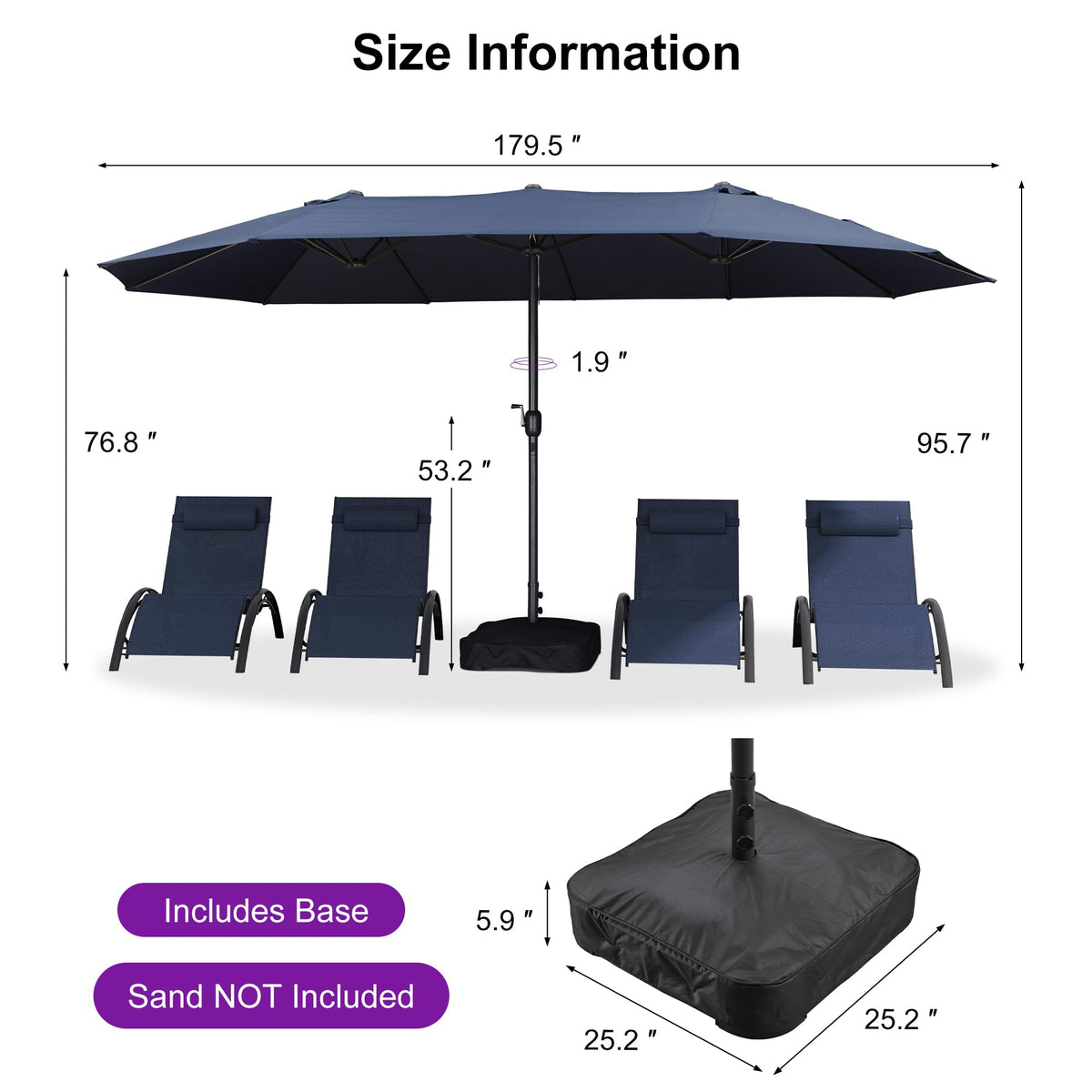15ft Double-Sided Navy Blue Patio Umbrella with Base R59658