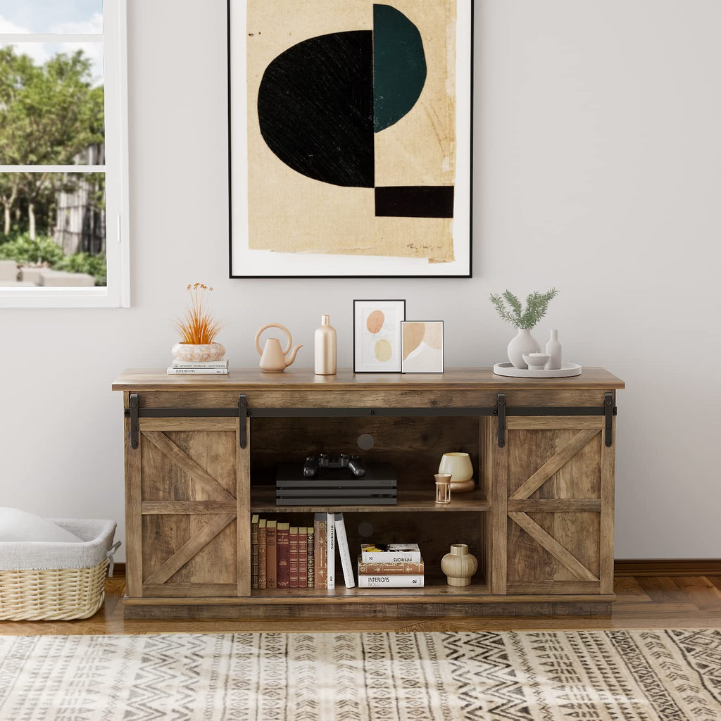 Farmhouse TV Stand for 65 Inch TV with Sliding Barn Doors and Storage Cabinets U438