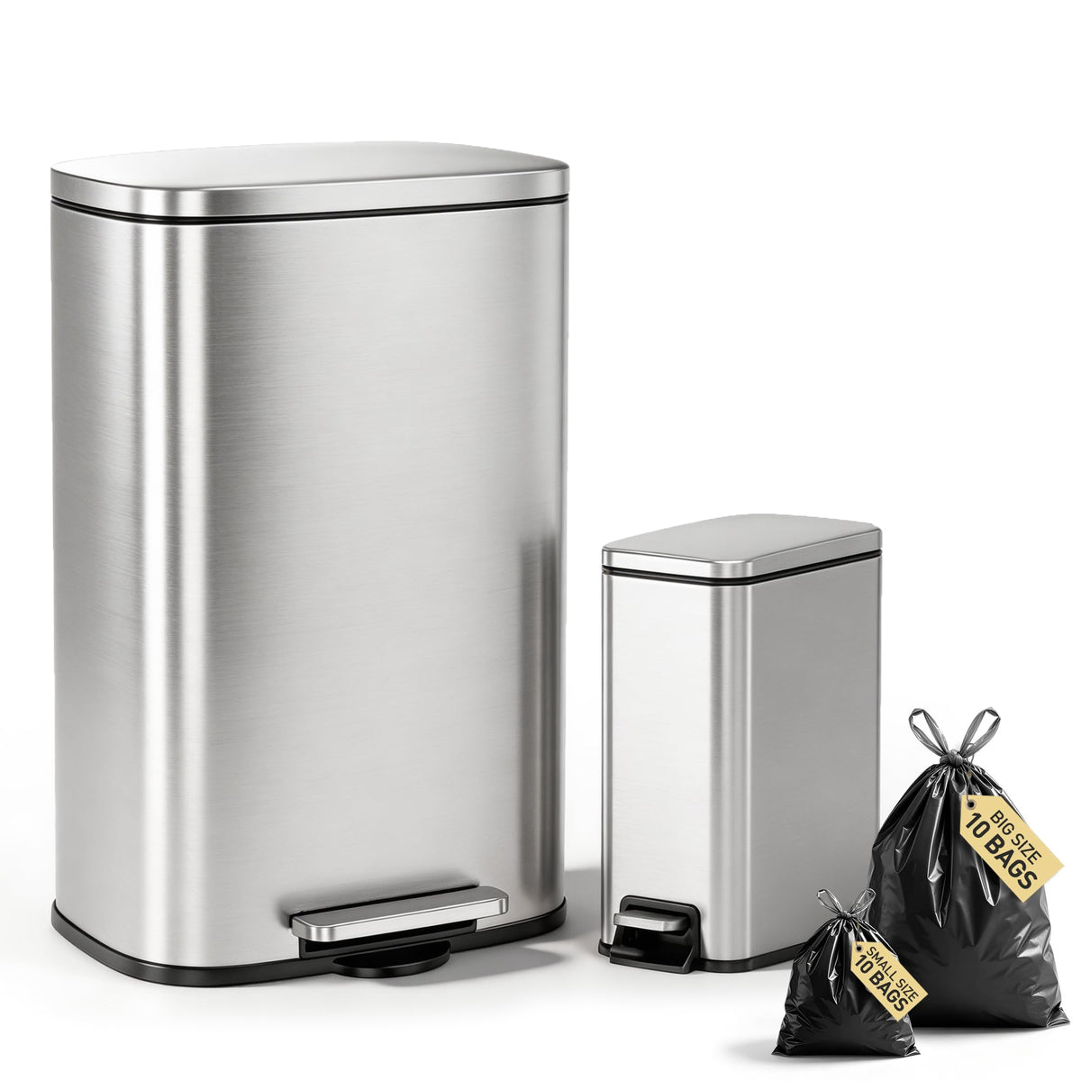 13 Gallon and 1.6 Gallon Stainless Steel Trash Can Set with Lid and Step-on Pedal J3145