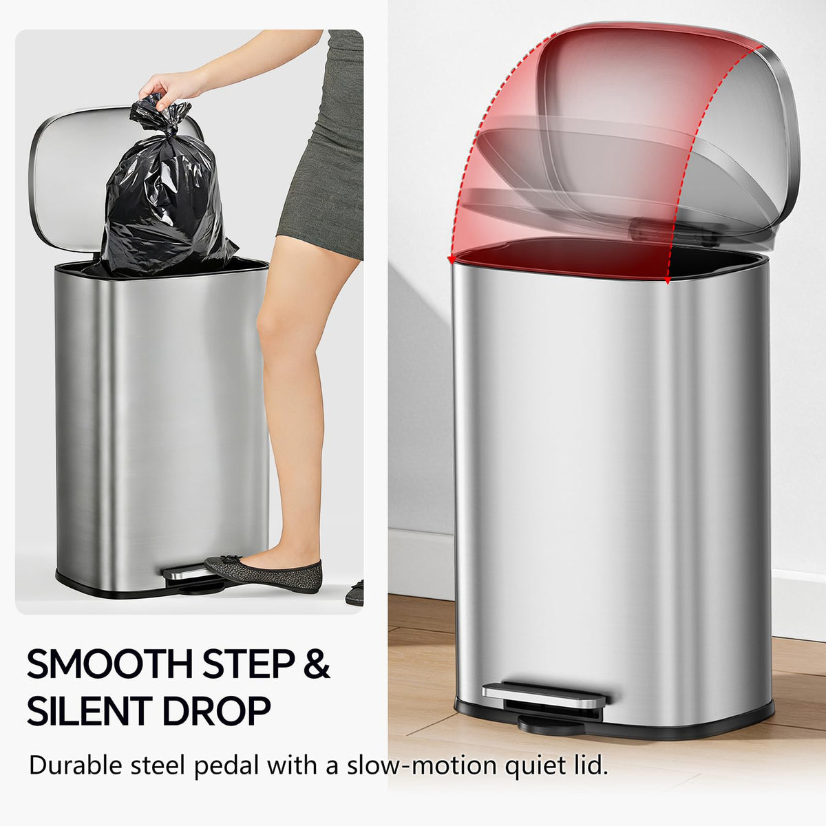 13 Gallon and 1.6 Gallon Stainless Steel Trash Can Set with Lid and Step-on Pedal J3145