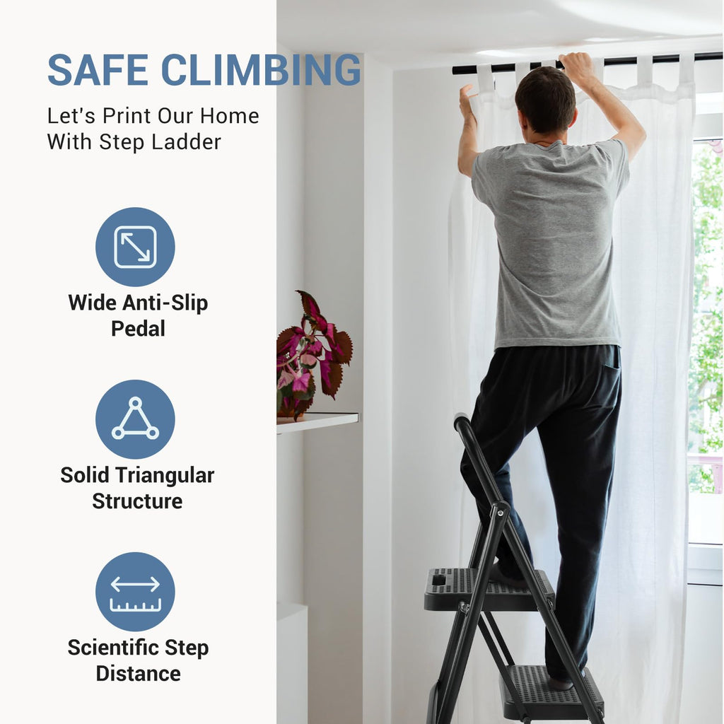 2 Step Stool with Anti-Slip Pedal & Handrail, 330lbs, Black C7365