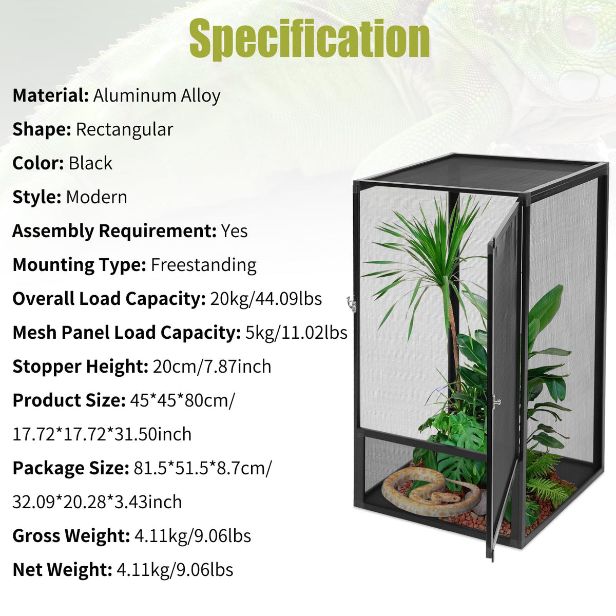 17.72" L×17.72" W×31.50" H Reptile Enclosure with Escape-Proof Lock M6333