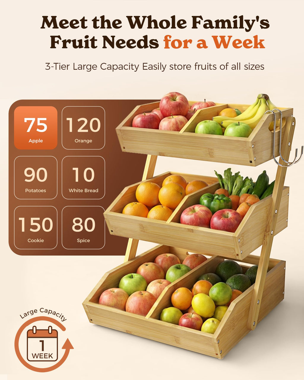 3-Tier Bamboo Fruit Basket with 2 Banana Holders X1176